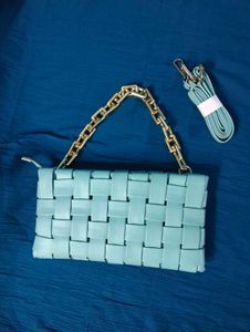 Light Blue Woven Clutch with Gold Chain