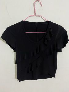 Black Ruffle Fitted Top