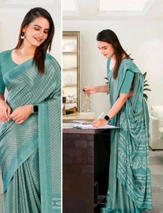 Elegant Teal Printed Saree without blouse