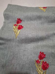 Elegant Grey Saree with Red Floral Embroidery
