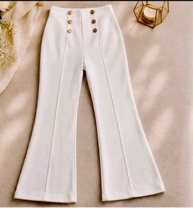 Chic White Bell Bottom Pants with Gold Buttons