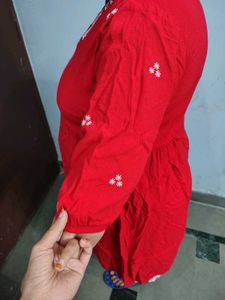 embroidery red frock cotton dress white pant