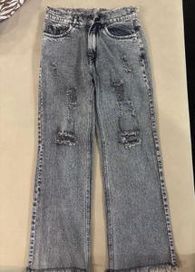Grey Wide Leg Frayed Jeans