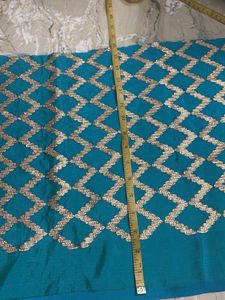 Teal Blue Sequined Geometric Print Fabric