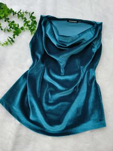 Teal Velvet Cowl Neck Sleeveless Top