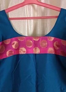 Blue Kurti with Brocade Neckline