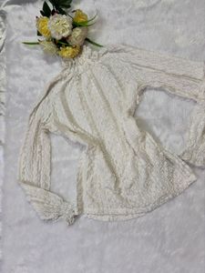 White Textured Mock Neck Long Sleeve Top