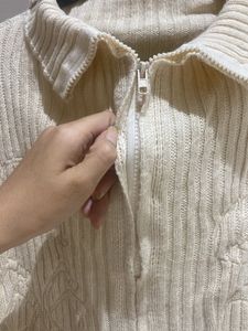 Cream Knit Zip-Up Sweater