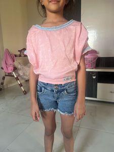 Glittery Cute Pink Top &amp; Denim Shorts Set