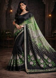 🇳🇿💫🎀Elegant Black & Green Floral Saree