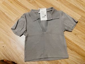 Grey Ribbed Collared Crop Top