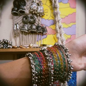 Boho Multicolor Bangles with Silver Charm