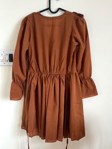 Brown Ruffled V-Neck Dress