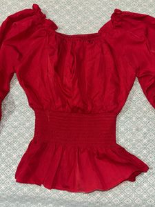 Red Smocked Long Sleeve Top
