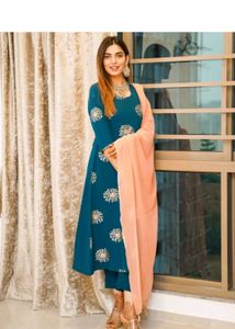 Teal Embroidered Kurta Set with Peach Dupa