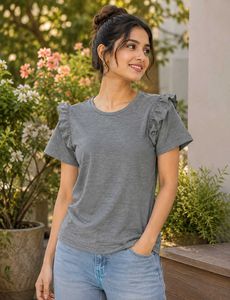 Grey Ruffle Sleeve T-Shirt