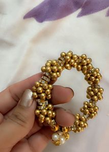 Elegant Gold Beaded Bracelet with Pearl Dangles