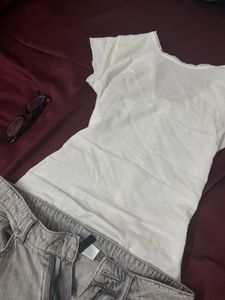 White Button-Up Blouse with Lace Trim