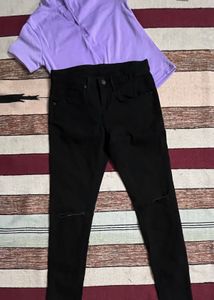 Cute Lilac Top &amp; Ripped Black Jeans Set
