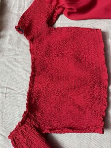 Red Smocked Crop Top with Puff Sleeves