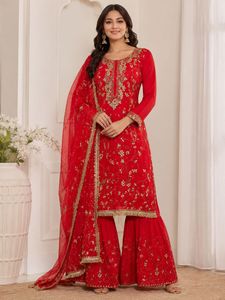 Elegant Red Embroidered Kurta Sharara with Dupatta