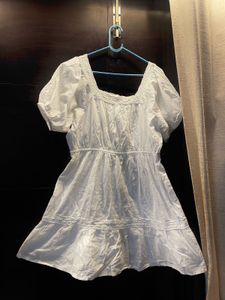 White Square Neck Puff Sleeve Dress