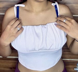 White Ribbed Tie Strap Crop Top