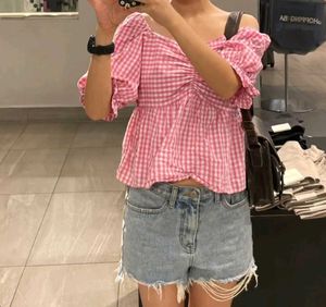 Pink And White Checked ( Gingham) Neck Blouson Top