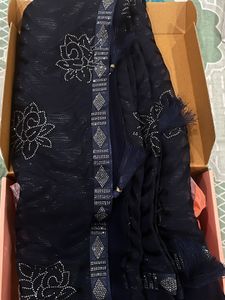 Koskii Blue Floral Stonework Chiffon Saree