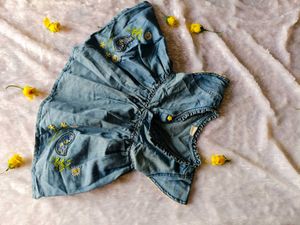 kids Girls Denim Style Floral Embroidered Frock Dr