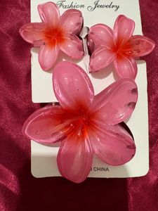 Pink Flower Hair Clip Set