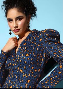 Blue Leopard Print Midi Dress