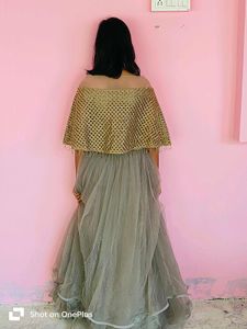 Elegant Gold &amp; Grey Tulle Lehenga Choli