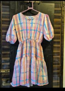 Pastel Plaid Puff Sleeve Dress