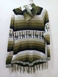 Multi Green Colour Woolen Hoodie Top