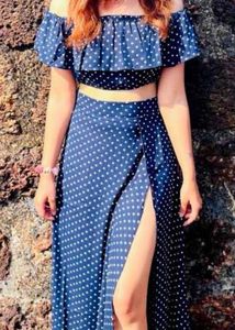 Berrylush Women Navy Blue Polka Dotted Co-Ord Set
