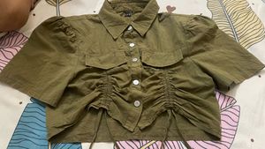Chic Olive Green Ruched Crop Top