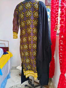 Yellow Printed Kurta Set with Black Dupatta