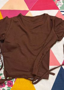 Brown Long Sleeve Wrap Crop Top