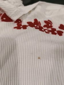 HEY White Puff Sleeve Ribbed Floral Embroidery Top
