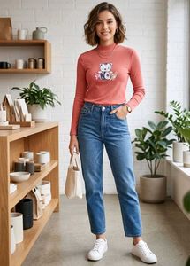 Cute Cat Embroidered Mock Neck Top