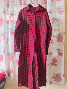 Red & Black Checkered Maxi Shirt Dress(side slit)