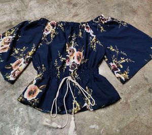 Navy Blue Floral Off-Shoulder Top