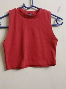Red Sleeveless Mock Neck Crop Top