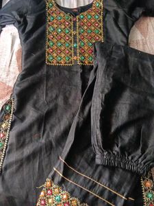 Black Kurta Set with Embellished Neckline