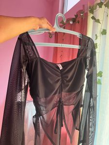 Sheer Black Mesh Long Sleeve Top bust 32-34