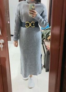 Women Long Ribbed High Neck Dress