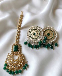 Stunning Green &amp; Gold Maang Tikka &amp; Earrings Set