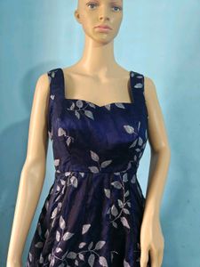 Elegant Navy Blue Leaf Print Gown