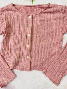 Cute Pink Ribbed Button-Up Cardigan